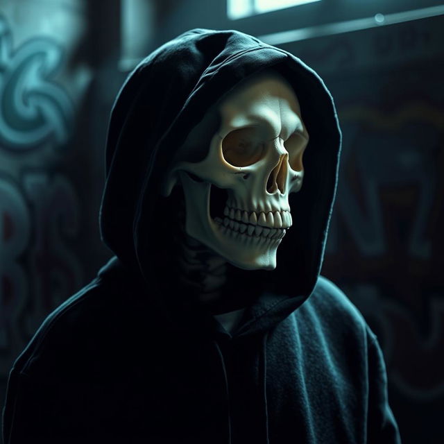 A skeletal skull wearing a hoodie, creating a unique and intriguing profile image