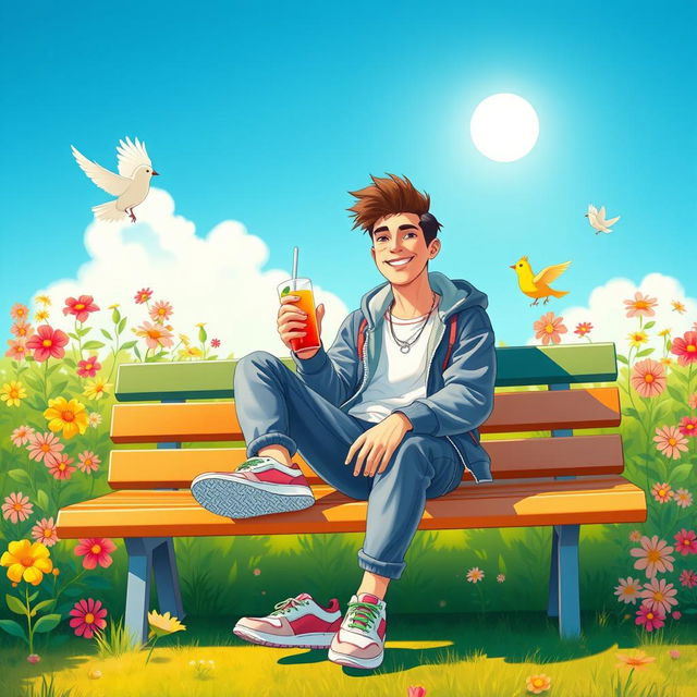 A whimsical and playful scene featuring a confident young man sitting on a vibrant park bench, surrounded by blooming flowers and cheerful birds