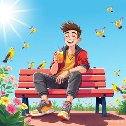 A whimsical and playful scene featuring a confident young man sitting on a vibrant park bench, surrounded by blooming flowers and cheerful birds