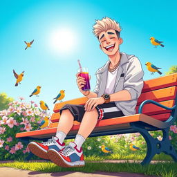 A whimsical and playful scene featuring a confident young man sitting on a vibrant park bench, surrounded by blooming flowers and cheerful birds