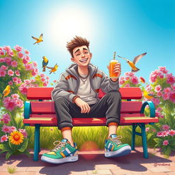 A whimsical and playful scene featuring a confident young man sitting on a vibrant park bench, surrounded by blooming flowers and cheerful birds