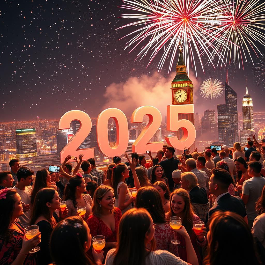 A vibrant New Year's Eve celebration in the year 2025, featuring a fantastic fireworks display lighting up the night sky over a bustling city skyline