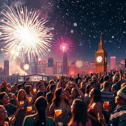 A vibrant New Year's Eve celebration in the year 2025, featuring a fantastic fireworks display lighting up the night sky over a bustling city skyline