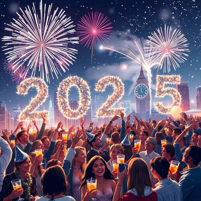 A vibrant New Year's Eve celebration in the year 2025, featuring a fantastic fireworks display lighting up the night sky over a bustling city skyline