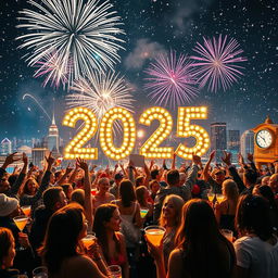 A vibrant New Year's Eve celebration in the year 2025, featuring a fantastic fireworks display lighting up the night sky over a bustling city skyline