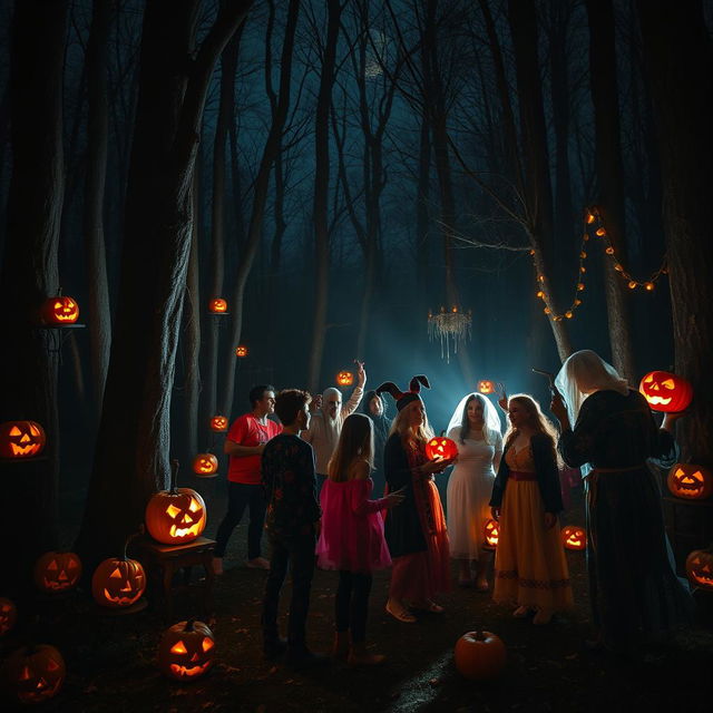 A dark Halloween night in an eerie forest, with several spooky figures hiding behind the trees, watching a group of cheerful people celebrating Halloween