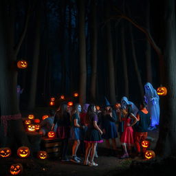 A dark Halloween night in an eerie forest, with several spooky figures hiding behind the trees, watching a group of cheerful people celebrating Halloween