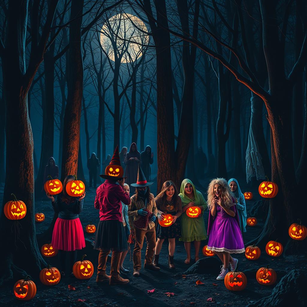 A dark Halloween night in an eerie forest, with several spooky figures hiding behind the trees, watching a group of cheerful people celebrating Halloween