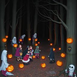 A dark Halloween night in an eerie forest, with several spooky figures hiding behind the trees, watching a group of cheerful people celebrating Halloween