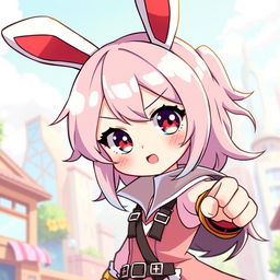 A cute anime girl with rabbit ears and a determined expression, ready to save her city