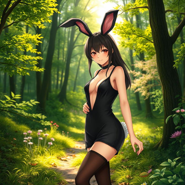 A highly attractive 19-year-old anime girl with alluring features, wearing revealing clothing and a black bunny costume, walking gracefully through a beautiful, vibrant forest filled with lush greenery and sunlight peeking through the trees