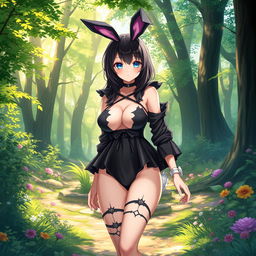 A highly attractive 19-year-old anime girl with alluring features, wearing revealing clothing and a black bunny costume, walking gracefully through a beautiful, vibrant forest filled with lush greenery and sunlight peeking through the trees