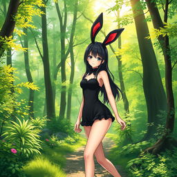 A highly attractive 19-year-old anime girl with alluring features, wearing revealing clothing and a black bunny costume, walking gracefully through a beautiful, vibrant forest filled with lush greenery and sunlight peeking through the trees