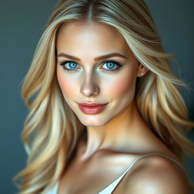 A beautifully detailed portrait of a stunning blonde woman with long flowing hair and bright blue eyes, wearing an elegant white dress