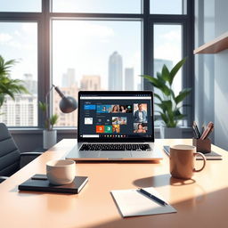 An artistic representation of a modern office environment featuring a sleek desk with a laptop displaying Microsoft Office applications, surrounded by stylish stationery and a coffee cup