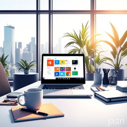 An artistic representation of a modern office environment featuring a sleek desk with a laptop displaying Microsoft Office applications, surrounded by stylish stationery and a coffee cup