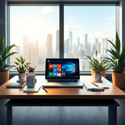 An artistic representation of a modern office environment featuring a sleek desk with a laptop displaying Microsoft Office applications, surrounded by stylish stationery and a coffee cup