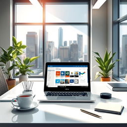 An artistic representation of a modern office environment featuring a sleek desk with a laptop displaying Microsoft Office applications, surrounded by stylish stationery and a coffee cup