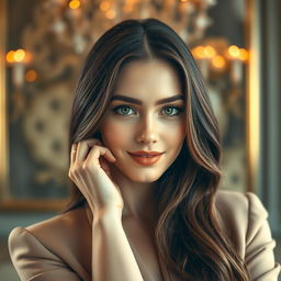 A glamorous portrait of a stunningly beautiful woman resembling Elizabeth Olsen, wearing an elegant and fashionable outfit
