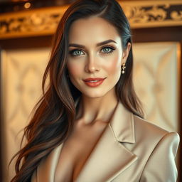 A glamorous portrait of a stunningly beautiful woman resembling Elizabeth Olsen, wearing an elegant and fashionable outfit