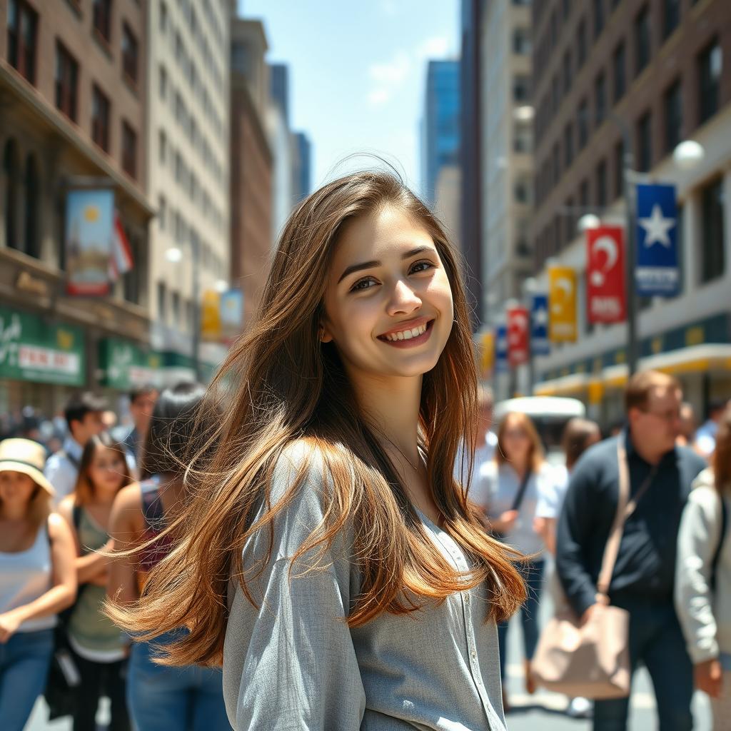 A very attractive 20-year-old girl standing in a city, looking cute and confident, drawing attention from passersby who can't help but admire her beauty