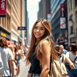 A very attractive 20-year-old girl standing in a city, looking cute and confident, drawing attention from passersby who can't help but admire her beauty