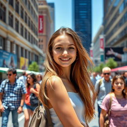 A very attractive 20-year-old girl standing in a city, looking cute and confident, drawing attention from passersby who can't help but admire her beauty