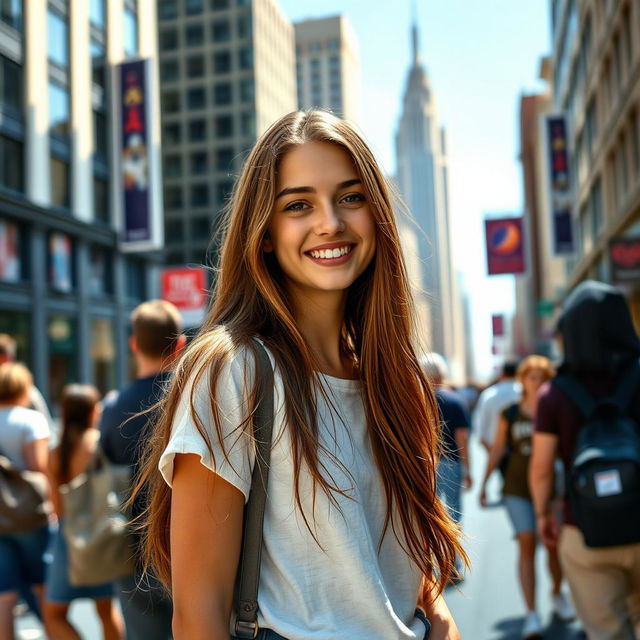 A very attractive 20-year-old girl standing in a city, looking cute and confident, drawing attention from passersby who can't help but admire her beauty