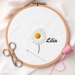 A simple and minimalist design featuring a needle and thread stitching a daisy flower