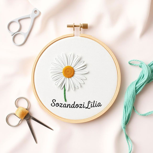 A simple and minimalist design featuring a needle and thread stitching a daisy flower