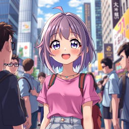 A stunning 20-year-old anime girl, playfully cute and charming, standing in a vibrant city setting