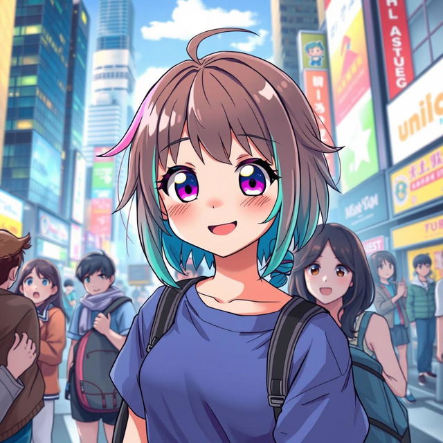 A stunning 20-year-old anime girl, playfully cute and charming, standing in a vibrant city setting