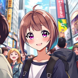 A stunning 20-year-old anime girl, playfully cute and charming, standing in a vibrant city setting