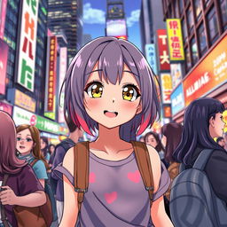 A stunning 20-year-old anime girl, playfully cute and charming, standing in a vibrant city setting