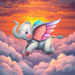 A whimsical elephant with colorful wings, playfully soaring through the sky