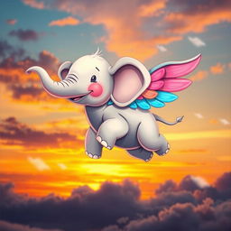A whimsical elephant with colorful wings, playfully soaring through the sky