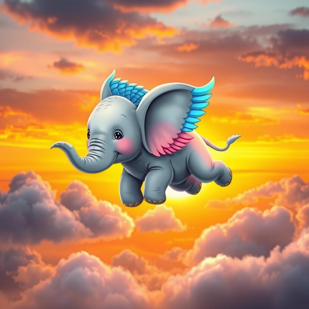 A whimsical elephant with colorful wings, playfully soaring through the sky