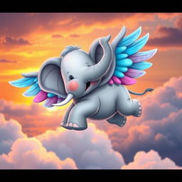 A whimsical elephant with colorful wings, playfully soaring through the sky