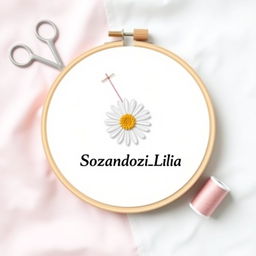 A simple and minimalist design featuring a needle and thread stitching a daisy flower