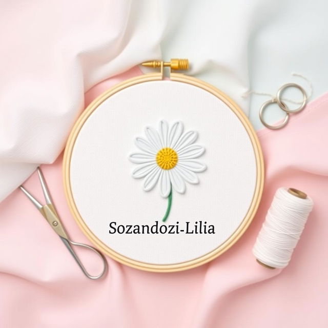 A simple and minimalist design featuring a needle and thread stitching a daisy flower