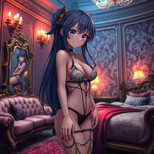 A 19-year-old anime girl dressed in revealing clothing, standing in a highly seductive room filled with luxurious decor and soft, warm lighting