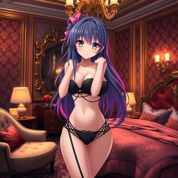 A 19-year-old anime girl dressed in revealing clothing, standing in a highly seductive room filled with luxurious decor and soft, warm lighting