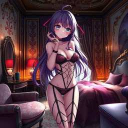 A 19-year-old anime girl dressed in revealing clothing, standing in a highly seductive room filled with luxurious decor and soft, warm lighting