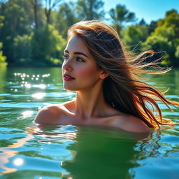 A stunningly beautiful young woman, completely natural, enjoying a serene moment in a picturesque lake surrounded by lush greenery, soft sunlight streaming through the trees casting gentle ripples on the water surface