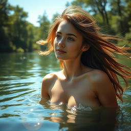 A stunningly beautiful young woman, completely natural, enjoying a serene moment in a picturesque lake surrounded by lush greenery, soft sunlight streaming through the trees casting gentle ripples on the water surface
