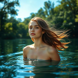 A stunningly beautiful young woman, completely natural, enjoying a serene moment in a picturesque lake surrounded by lush greenery, soft sunlight streaming through the trees casting gentle ripples on the water surface