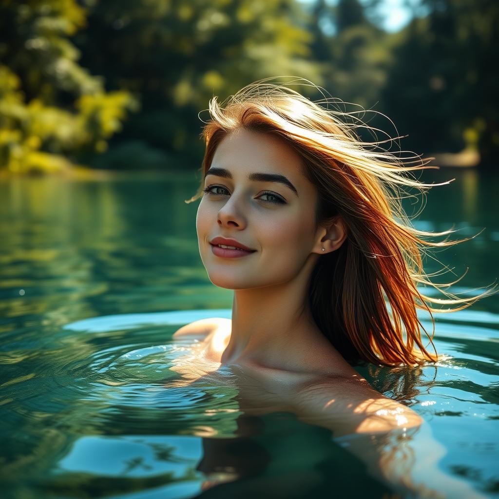 A stunningly beautiful young woman, completely natural, enjoying a serene moment in a picturesque lake surrounded by lush greenery, soft sunlight streaming through the trees casting gentle ripples on the water surface