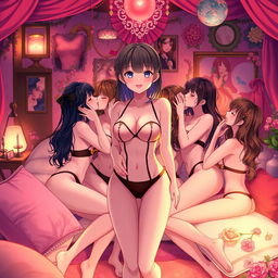 An anime girl aged 19, wearing revealing clothes, in a seductive room filled with various alluring decorations and soft lighting
