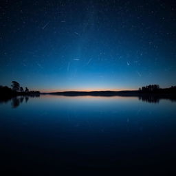 A stunning nighttime scene featuring a shimmering lake reflecting a sky full of constellations