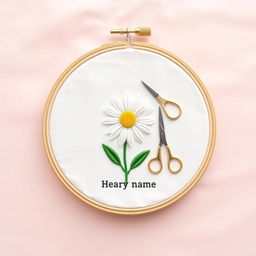A simple and minimalist design featuring a needle and thread sewing a daisy flower